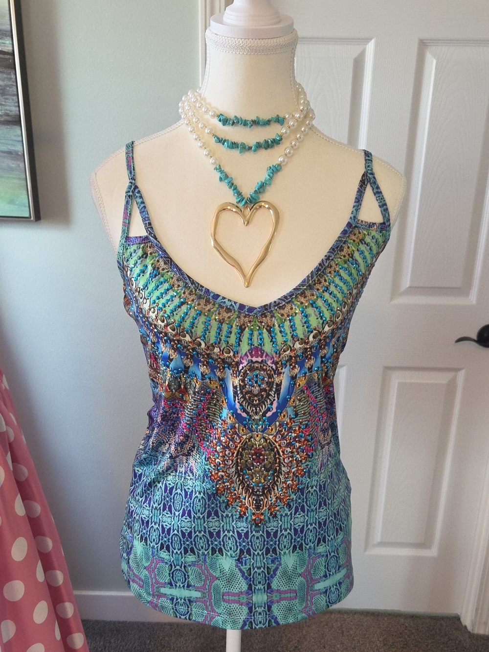 VENUS Multicolor Beaded Print Tank Top - Teal, Blue, Purple